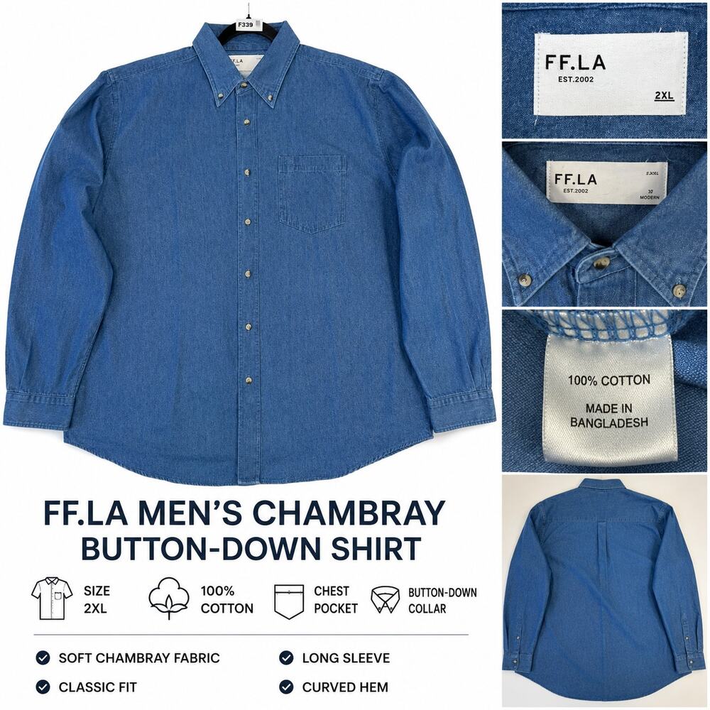 NEW FF.LA Men's Chambray Button-Down Shirt | 2XL | 100% Cotton | Blue Denim Look
